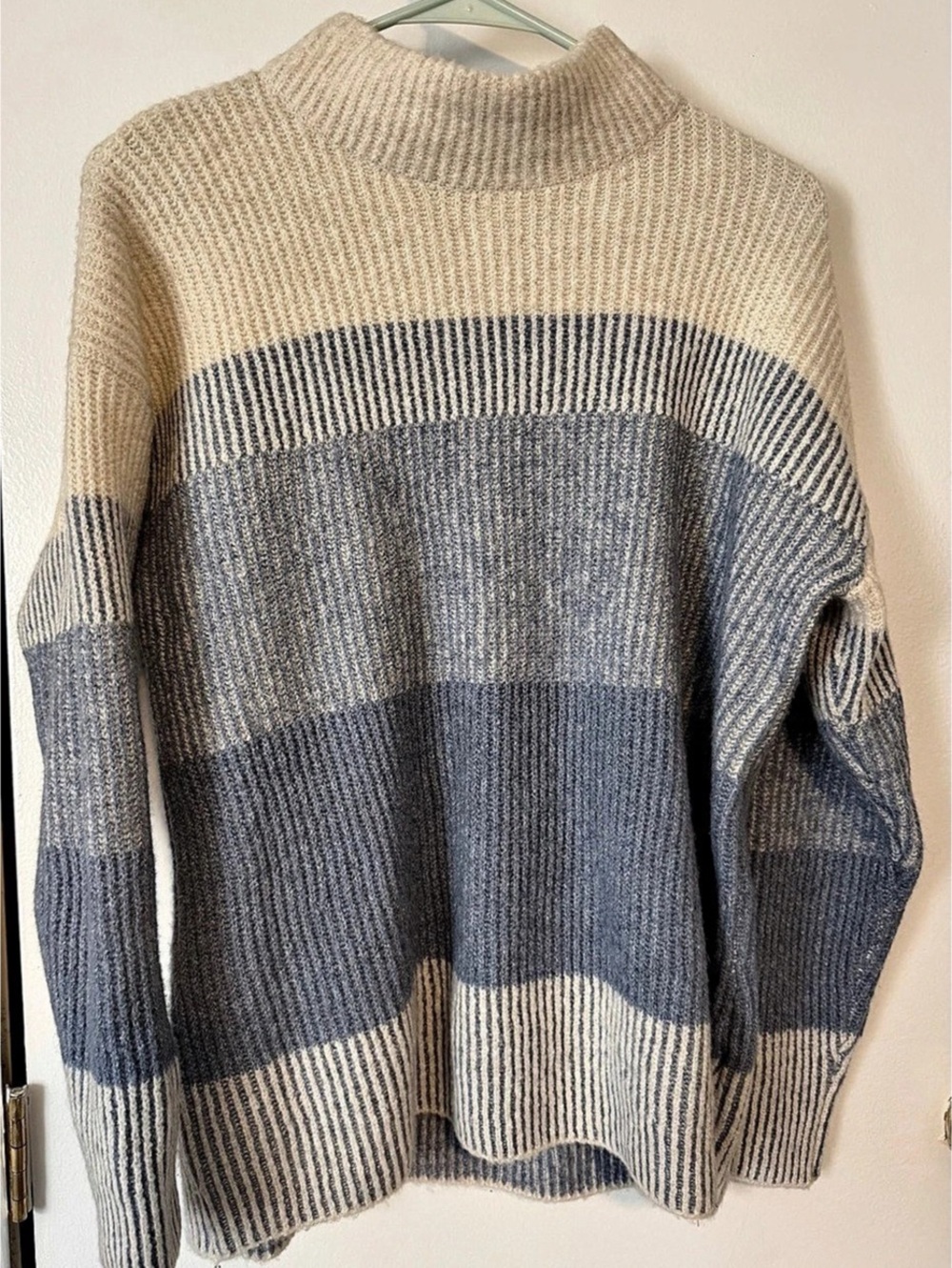 Staccato Color Block Mock Neck Sweater in Blue & Cream Like New